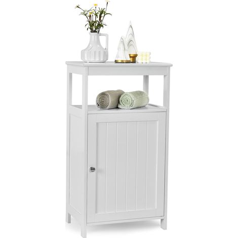 COSTWAY Bathroom Floor Cabinet Single Door Floor Cabinet with Shelf-White (1/5)