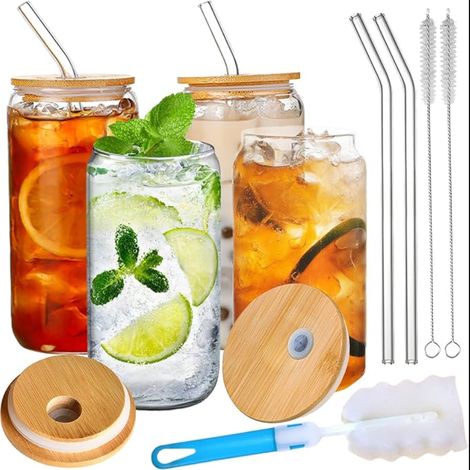 Glass with Straw, Bamboo Lid and Brush, 500ml/17oz Cup, Reusable Bubble Tea Cans for Smoothie/Cola/Soda/Beer/Iced Coffee/Whiskey/Cocktail (1/5)