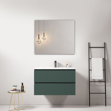 Mobile bagno sospeso cannettato 80 cm Verde Comodoro Lavabo in Ceramica Specchio Quadro - Fiji Paint (1/4)