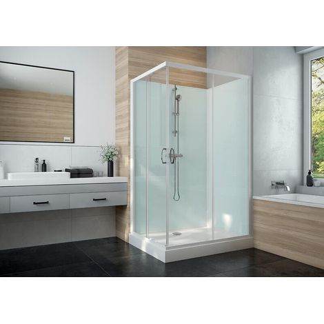 Cabine de douche à portes coulissantes d'accès d'angle 80x80 cm parois transparentes et fond en verre H 202 cm - Leda