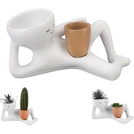 Maceta decorativa de resina – Maceta con forma de figura reclinada y orificio de drenaje – Maceta para suculentas de jardín – Amarillo limón – 25 cm (1/5)