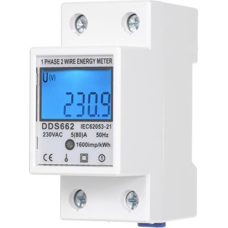 Einphasen-Energiezähler DDS662 230 V 5–80 A, LCD-Hintergrundbeleuchtung, Klasse 1, kWh VAW Hz, 1 Modul DIN-Schiene (1/5)