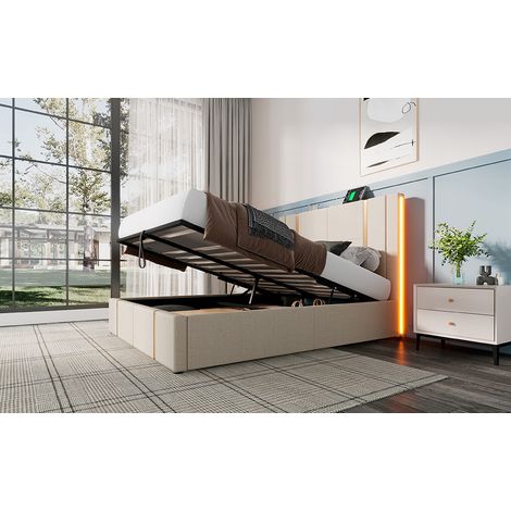 MEUBLIV Polsterbett 140x200 cm Beige Leinen mit LED, Stauraum und Ladeanschlüssen (1/5)