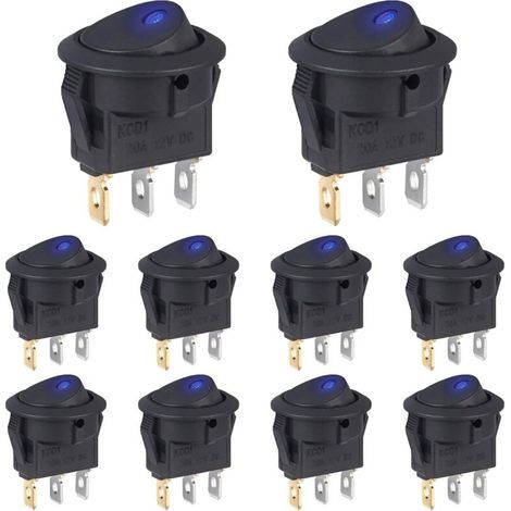 Interrupteur 12V 20A Voyant Lumineux LED Bleu Interrupteurs à Bascule Rond 12 Volts ON/OFF 2Positions Marche/Arret 3Broches Commutateur Bouton pour Voiture Automobile (10 Pièces)