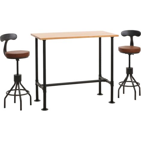 Set tavolo + 2x sgabelli bar HHG-969, industriale poggiapiedi girevole regolabile, ecopelle metallo, naturale, marrone