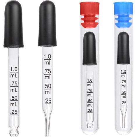 Quattro contagocce in vetro da 1 ml con flacone a quattro contagocce, cilindro graduato e punte in gomma, per uso farmaceutico, oli essenziali, alimentare e di laboratorio. (1/5)