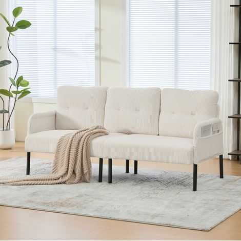 Sofá de 3 plazas de pana beige, respaldo alto y bolsillo lateral HAVRYA (1/5)
