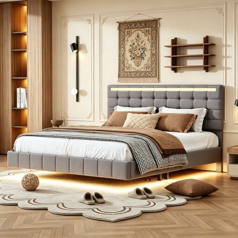 Lit double rembourré 160x200, lit Flottant avec Jambes cachées, Tête de élastique Réglable en Hauteur, cadre de lit avec LED et 2 USB, 2 Personnes à Deux Places, gris, lin, sans matelas (1/5)