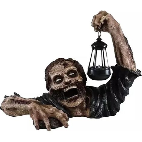 Statue de jardin zombie avec lumière, sculpture en résine réaliste avec lanterne, fonctionne sur piles (1/5)