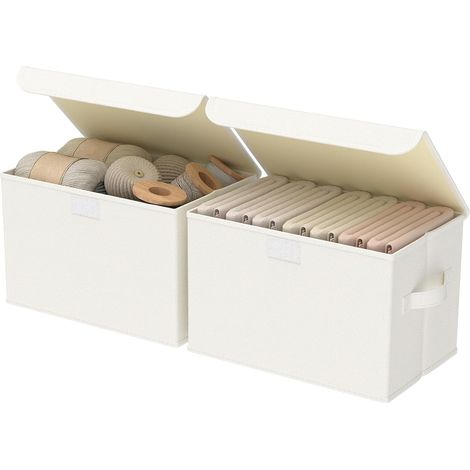 Lot de 2 Boîtes de Rangement, avec Couvercle, 26x20x17 cm, Beige Bac de rangement linge, avec 2 Poignées, Pliable Organisateur d’armoire, Paniers à Linge, pour Chambre à Coucher (1/5)