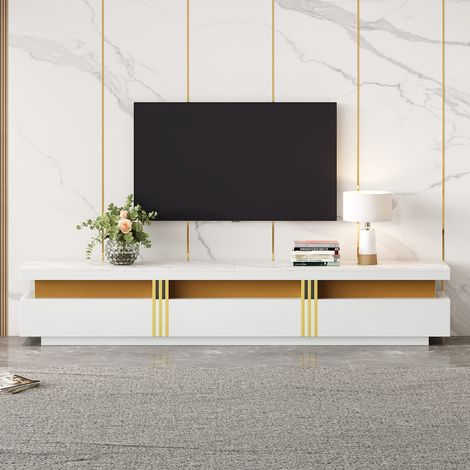 Meuble tv bas 200x40x42 cm effet marbre blanc, 3 tiroirs, pour téléviseur jusqu’à 90 pouces (1/5)