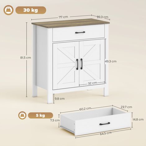 Buffet de cuisine de style campagnard avec portes coulissantes et étagère réglable, blanc (1/5)