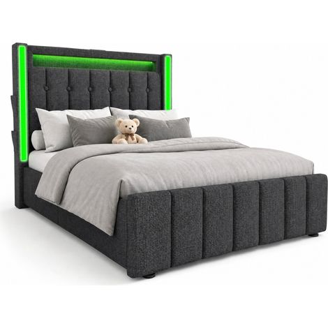 Lit 90x200 cm en tissu gris avec LED, 2 tiroirs, port USB et Type-C intégrés à la tête de lit, rangement pratique, structure stable – CHICFURN (1/5)
