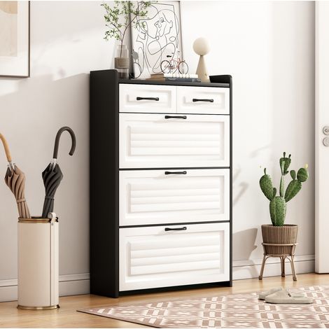 Zapatero 80x23.5x131 cm blanco y negro en tablero de partículas con 3 puertas abatibles y 2 cajones (1/5)