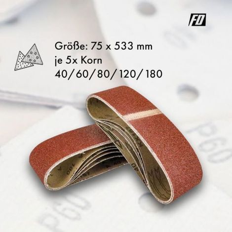 Bandes abrasives tissu lot 25 (75x533 mm), mix grains 40/60/80/120/180 pour ponceuse à bande (1/4)
