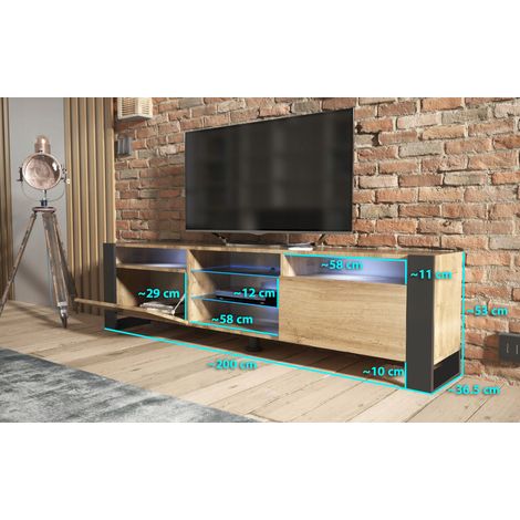 Dusine – Meuble TV 200 cm avec éclairage LED – Chêne mat et porte chêne – Style industriel – Rangement avec niches et étagères vitrées — vue 3