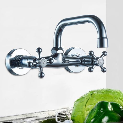 Küchenarmatur Wasserhahn U-Typ schwenkbarer Auslauf Wandmontage Unterputz Spüle Mischbatterie Zweigriff (1/5)