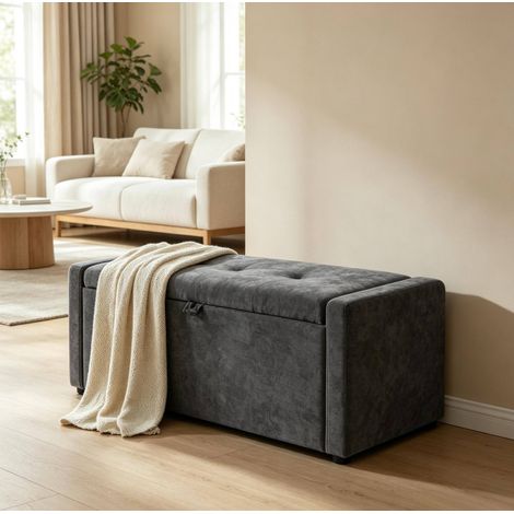 Banc coffre de lit en tissu effet lin gris foncé 122 x 48 x 44 cm OKWISH (1/5)