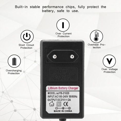 Adaptateur d'alimentation de charge sûre AC 100-240V DC 21V 2A pour batterie lithium-ion, prise EU, remplacement-VSIAISV (1/4)