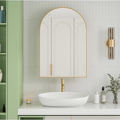Armoire de toilette murale ou encastrable en métal doré avec miroir et 2 étagères en verre réglables (1/5)
