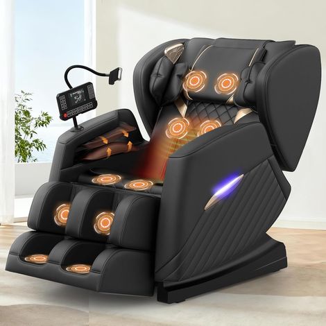 Fauteuil de massage ergonomique équipé de 14 rouleaux de massage, d'une fonction de massage des pieds, de 8 coussins gonflables, d'un haut-parleur Bluetooth et d'un écran tactile, noir
