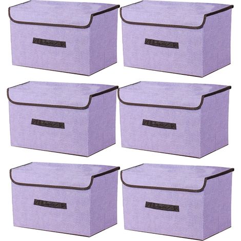 Set of 6 Folding Fabric Storage Boxes in Purple, with Lids, for Closets, Clothes, Wardrobes and Toys, 36x23x24 cm (1/5)
