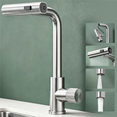 Mai & Mai Wasserhahn Küche Küchenarmatur mit Brause Ausziehbar, Küchenwasserhahn 360°Schwenkbar 3 Sprühfunktionen, Mischbatterie Spültischarmatur aus Edelstahl Silber Turnix-02 (1/5)