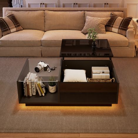 Tavolino 100x50x33 cm nero, piano sollevabile, LED, contenitore, pannelli in legno MEUBLIV (1/5)