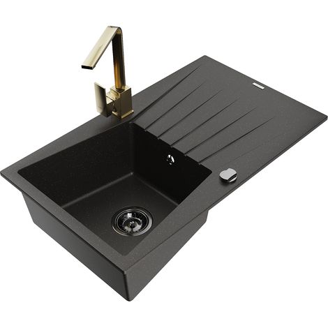 Mexen Cesar fregadero de granito de 1 cubeta con escurridor y grifo de cocina Rita, negro/oro met谩lico - 6514-75-670300-50-B (1/5)