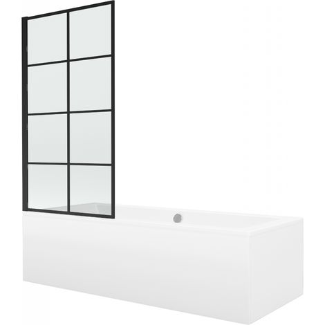 Mexen Cube rechteckige Wanne 170 x 80 cm mit Verkleidung und 1-flügeligem Bildschirm 80 cm, schwarzes Muster - 550517080X930801