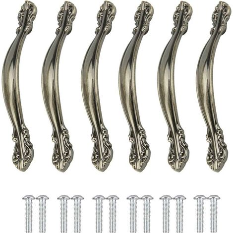 Poignées de Meuble Vintage 6 Pièces - Pour Porte, Meubles, Cuisine, Armoire, Tiroir, Placard - Sculptées en Alliage - Avec Vis, Entraxe de Trous 96mm (1/5)