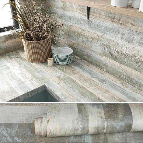 Papier Peint Bois Bleu Gris Vintage 60 cm x 300 cm Revetement Plan de Travail Cuisine Papier Adhesif pour Meuble Panneau Bois Papiers Peints Salle de Bain Lavable Stickers Porte Placard (1/5)