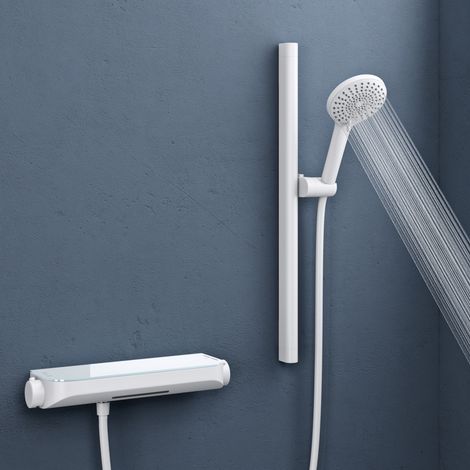 doporro Badewannenarmatur mit Handbrause, Armatur Badewanne Wasserfall mit Thermostat, Vollmessing-Körper Duscharmatur Set mit Duschstange, 1,5 m PVC Brauseschlauch & Wandhalterung, für Bad, Matt Weiß