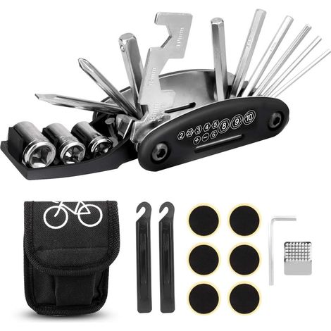 Outil multifonction pour vélo, kit de réparation multifonctionnel 16 en 1 avec mousqueton et 2 pneus de rechange (1/5)