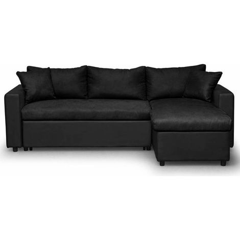 Loungitude – Canapé d'angle convertible réversible avec coffre de rangement – Revêtement microfibre noir – Dimensions 223 x 148 x 81 cm (1/5)