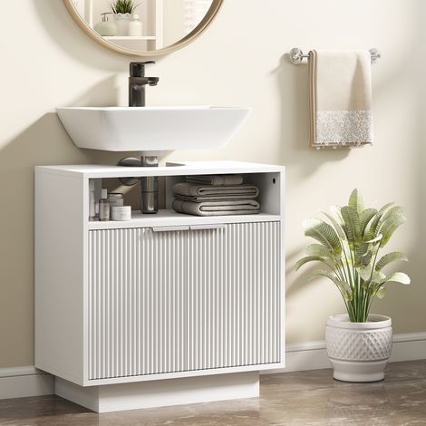 Meuble vasque de salle de bain avec étagère intérieure réglable et étagère ouverte. En bois. 60 x 33 x 63 cm. Blanc.