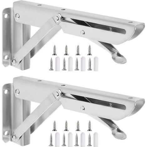 Équerre Pliante , 2 Pièces Étagère Pliante en Acier Inoxydable Support Console Pliable Equerre pour Etagere Murale, Cadre de Support D'étagère de Garage Charge Max 80kg (1/5)