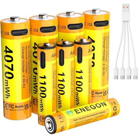 Lot 4 Piles AAA + 4 Piles AA Lithium Rechargeables USB-C, AAA 1100 mWh/AA 4070 mWh, 1,5 V Constant, câble de Charge 1-vers-4, pour télécommandes, balances, claviers et Souris (1/5)