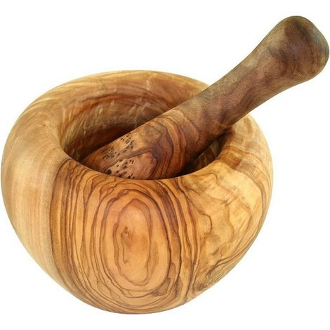 Mortier Rond avec Pilon en Bois d'Olivier Ø 14 cm pour Hacher Herbes, Poivre et Pesto - PANGIVO
