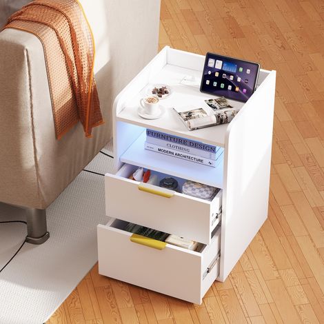 Table de Chevet - 60x40x40cm - Table de Nuit Design Nordique avec LED RGB, Prises USB et Tiroirs Cachés - Blanc (1/5)