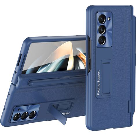 Funda de piel para Samsung Galaxy Z Fold5 5G, con soporte integrado y cristal protector, color azul. (1/2)