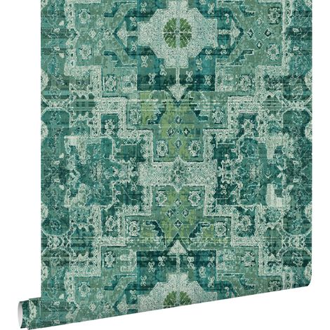 papier peint tapis patchwork kilim oriental vert émeraude intense  - ESTAhome (1/5)