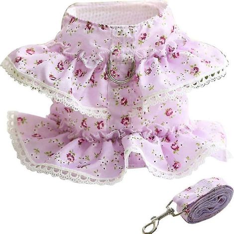 Conjunto de ropa para mascotas con estampado floral para primavera y verano, lindo arnés y correa para cachorros. (1/5)