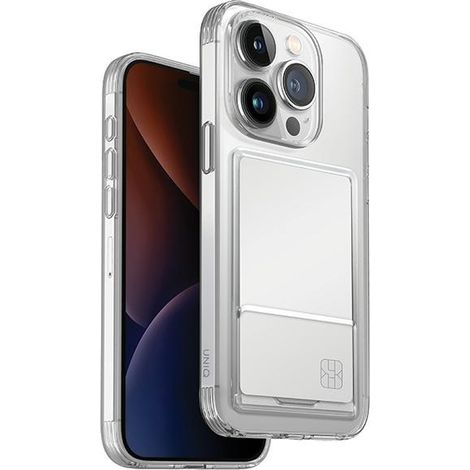 Custodia UNIQ Air Fender ID per iPhone 15 ProMax 6.7" trasparente nude con slot per carte.