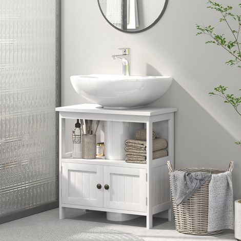 Pedestal Under Sink Cabinet with Double Doors, Modern Bathroom Vanity Storage Unit with Shelves, White
