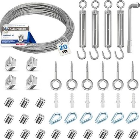 20 m Stahlseilset, 3 mm dickes Metallseil, M5-Spannschloss, Edelstahl, Wandhaken mit Ösen, Pflanzenstützen… - (1/5)