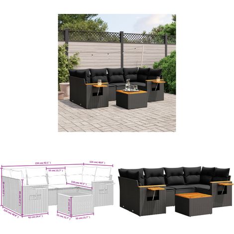 Salon de jardin 7 pcs avec coussins noir résine tressée - Salon De Jardin - Meuble Extérieur - Set Salon - Résine Tressée - Rotin Synthétique - Home & Living (1/3)