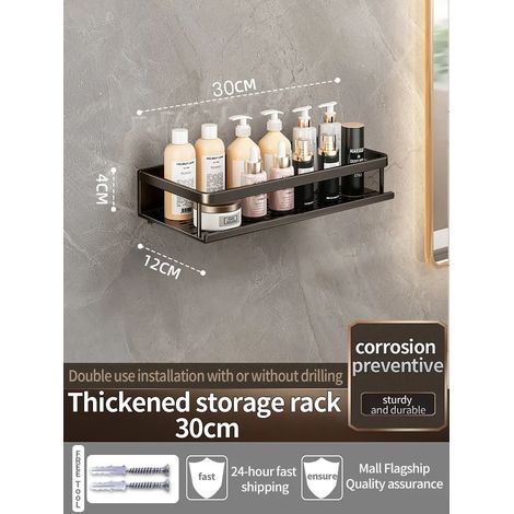 Étagère murale en aluminium (noir, 30 cm) pour salle de bain, rangement pour shampoing, étagère de cuisine, support mural. (1/5)