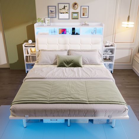 Lit double flottant 140x190cm avec LED,tête de lit rangement Lit rembourré,2 chevets coulissants,prises USB et USB-C,PU blanc (1/5)