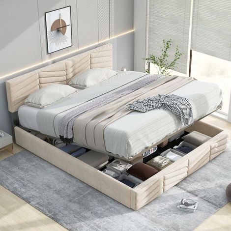 Lit capitonné velours beige 140x190 avec sommier à lattes et tête de lit réglable